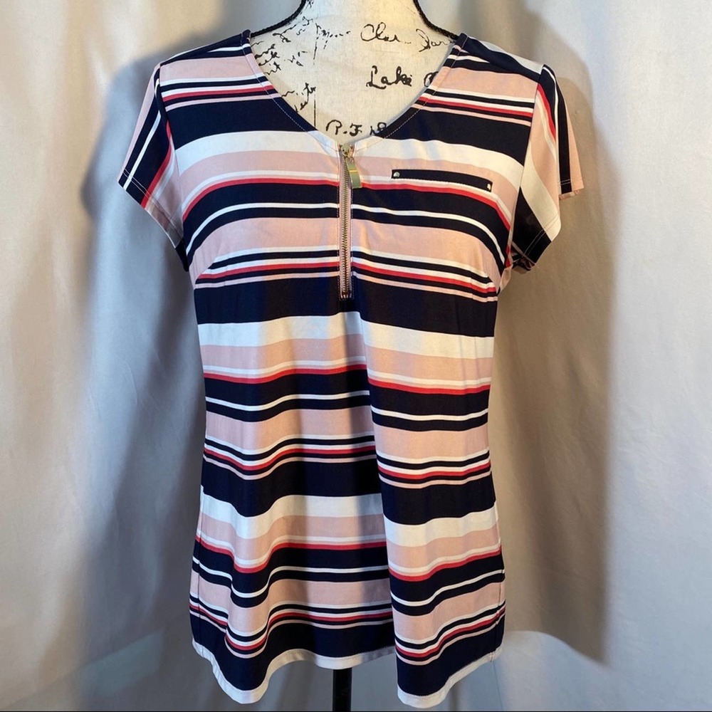 Roz & Ali Woman's Scooped Neck Half Zip Shirt Sleeve Striped Blouse Sz M